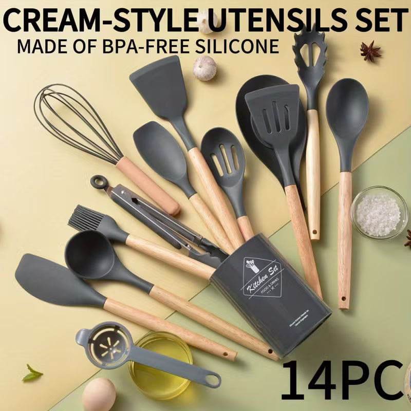 14 Piece Kitchen Utensil Set with Wooden Handles