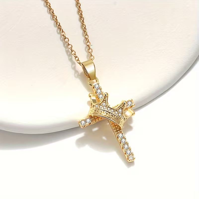 Luxurious Crown & Cross Pendant Necklace with Synthetic Zirconia Stones – Elegant Faith Jewelry for Gifting & Layering