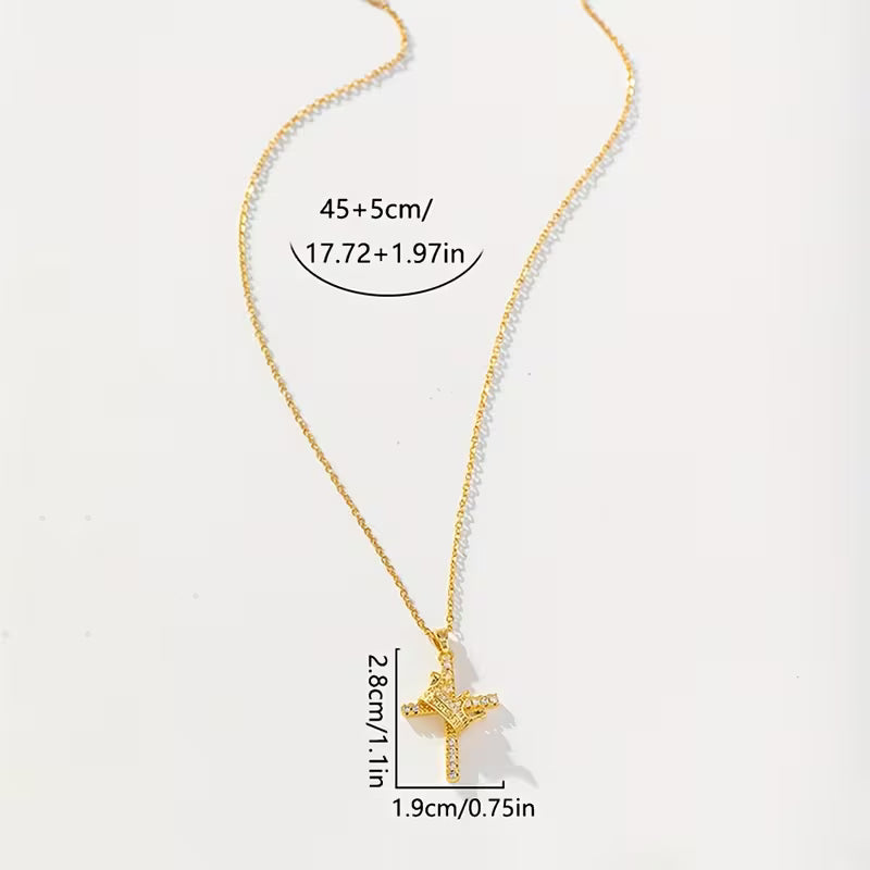 Luxurious Crown & Cross Pendant Necklace with Synthetic Zirconia Stones – Elegant Faith Jewelry for Gifting & Layering