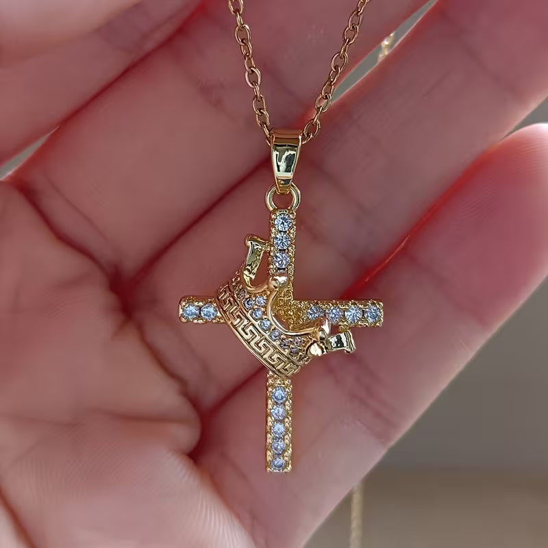 Luxurious Crown & Cross Pendant Necklace with Synthetic Zirconia Stones – Elegant Faith Jewelry for Gifting & Layering