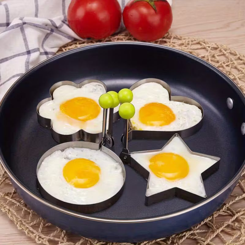 4-Piece Stainless Steel Egg Mold Set – Heart, Star, Flower & Round Shapes | Breakfast Shaping Tool