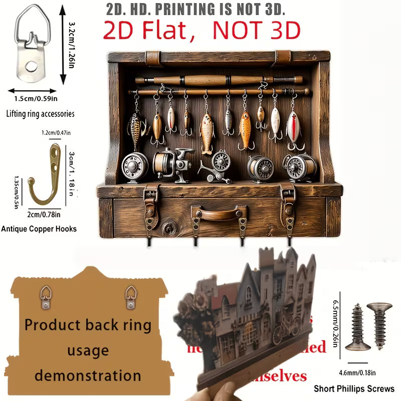 [2D FLAT] Fish-Shaped Wooden Key Rack Wall Hanging with 4 Metal Hooks – Home & Porch Décor