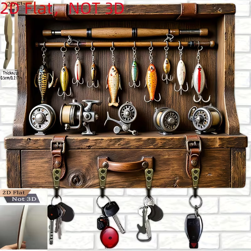 [2D FLAT] Fish-Shaped Wooden Key Rack Wall Hanging with 4 Metal Hooks – Home & Porch Décor
