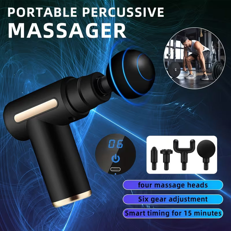 4-Head Interchangeable Massage Gun – 6 Settings, LCD Display, USB Rechargeable