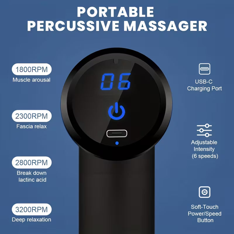 4-Head Interchangeable Massage Gun – 6 Settings, LCD Display, USB Rechargeable