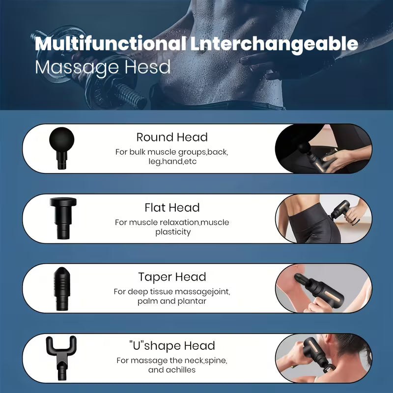 4-Head Interchangeable Massage Gun – 6 Settings, LCD Display, USB Rechargeable