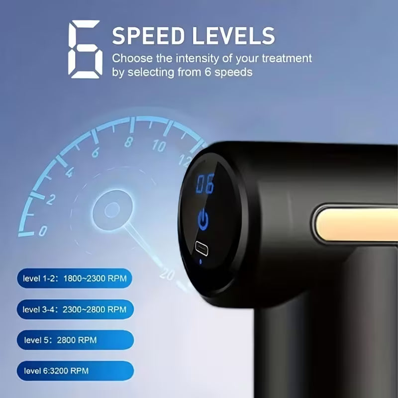 4-Head Interchangeable Massage Gun – 6 Settings, LCD Display, USB Rechargeable