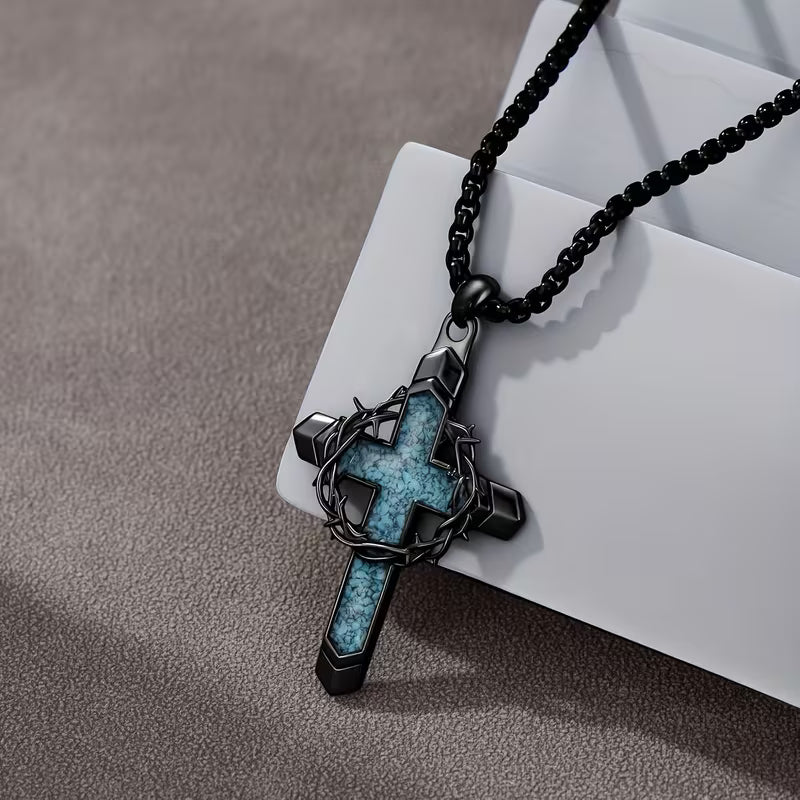Men's Turquoise Cross Pendant Necklace with Thorn Crown – Punk Retro Christian Jewelry