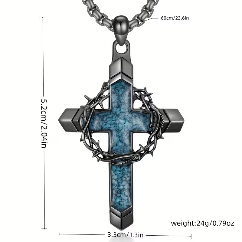 Men's Turquoise Cross Pendant Necklace with Thorn Crown – Punk Retro Christian Jewelry