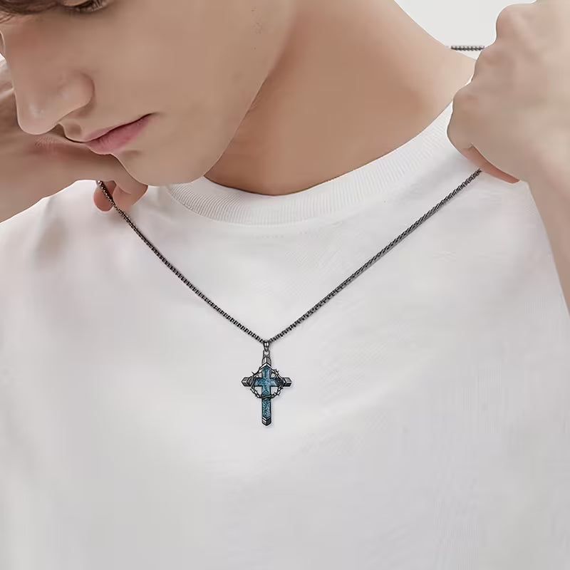 Men's Turquoise Cross Pendant Necklace with Thorn Crown – Punk Retro Christian Jewelry