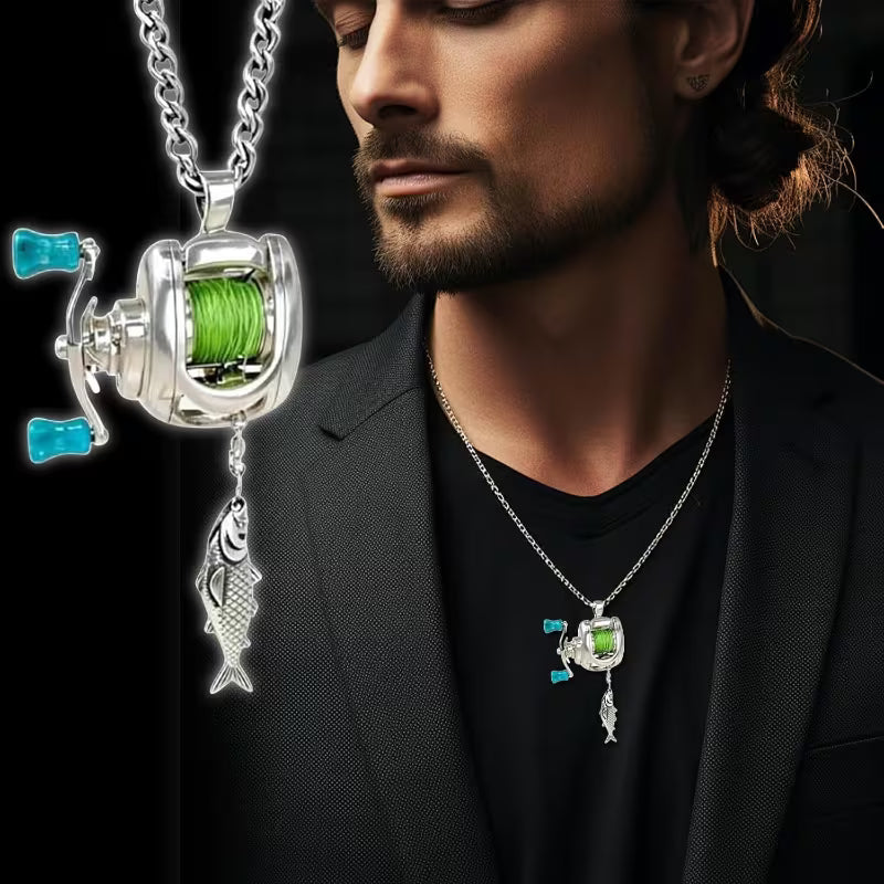 Mini Fishing Reel Necklace with Rotating Handle & Moving Line Guide