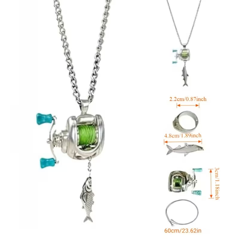 Mini Fishing Reel Necklace with Rotating Handle & Moving Line Guide