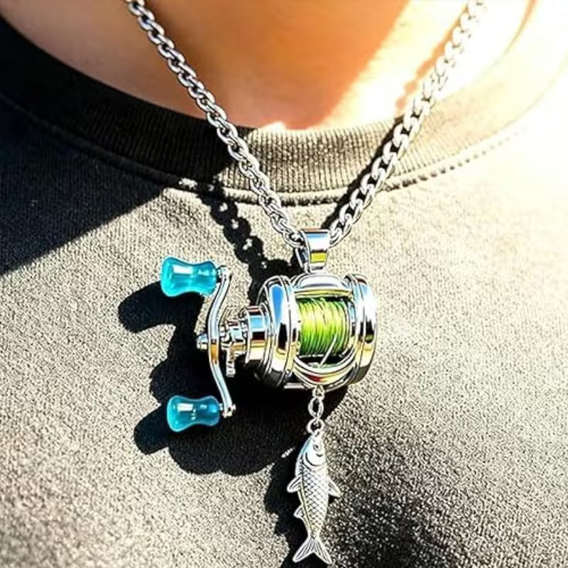 Mini Fishing Reel Necklace with Rotating Handle & Moving Line Guide