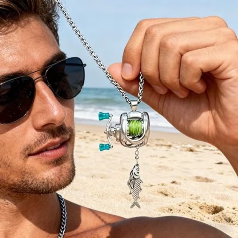 Mini Fishing Reel Necklace with Rotating Handle & Moving Line Guide