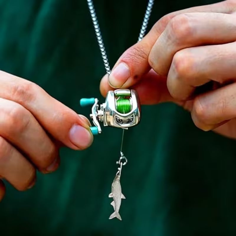 Mini Fishing Reel Necklace with Rotating Handle & Moving Line Guide