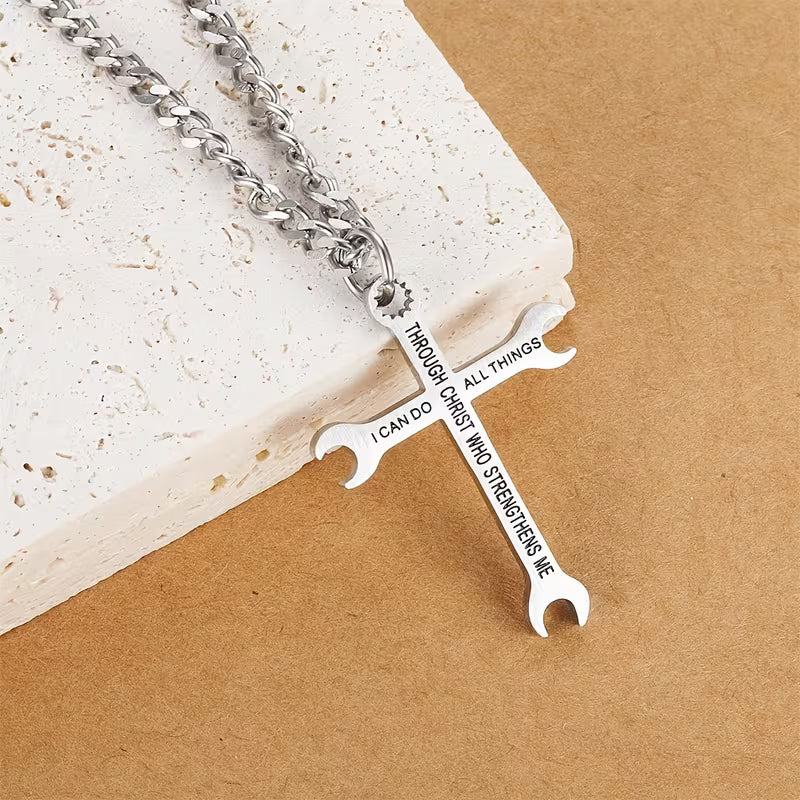 Men's Wrench Cross Necklace with Tool Charm & Philippians 4:13 Bible Verse Pendant – Stainless Steel Chain