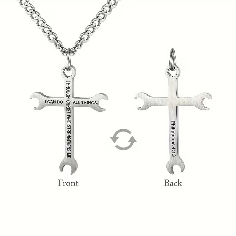 Men's Wrench Cross Necklace with Tool Charm & Philippians 4:13 Bible Verse Pendant – Stainless Steel Chain