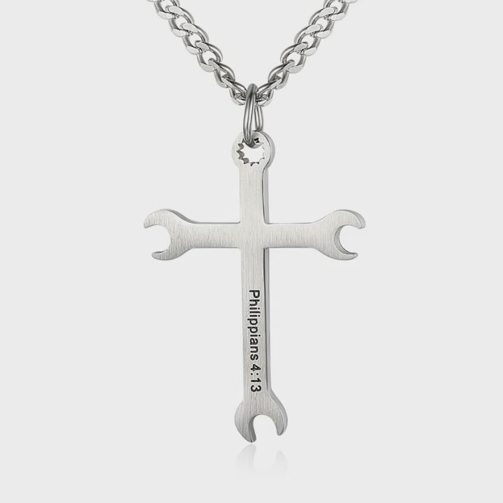Men's Wrench Cross Necklace with Tool Charm & Philippians 4:13 Bible Verse Pendant – Stainless Steel Chain